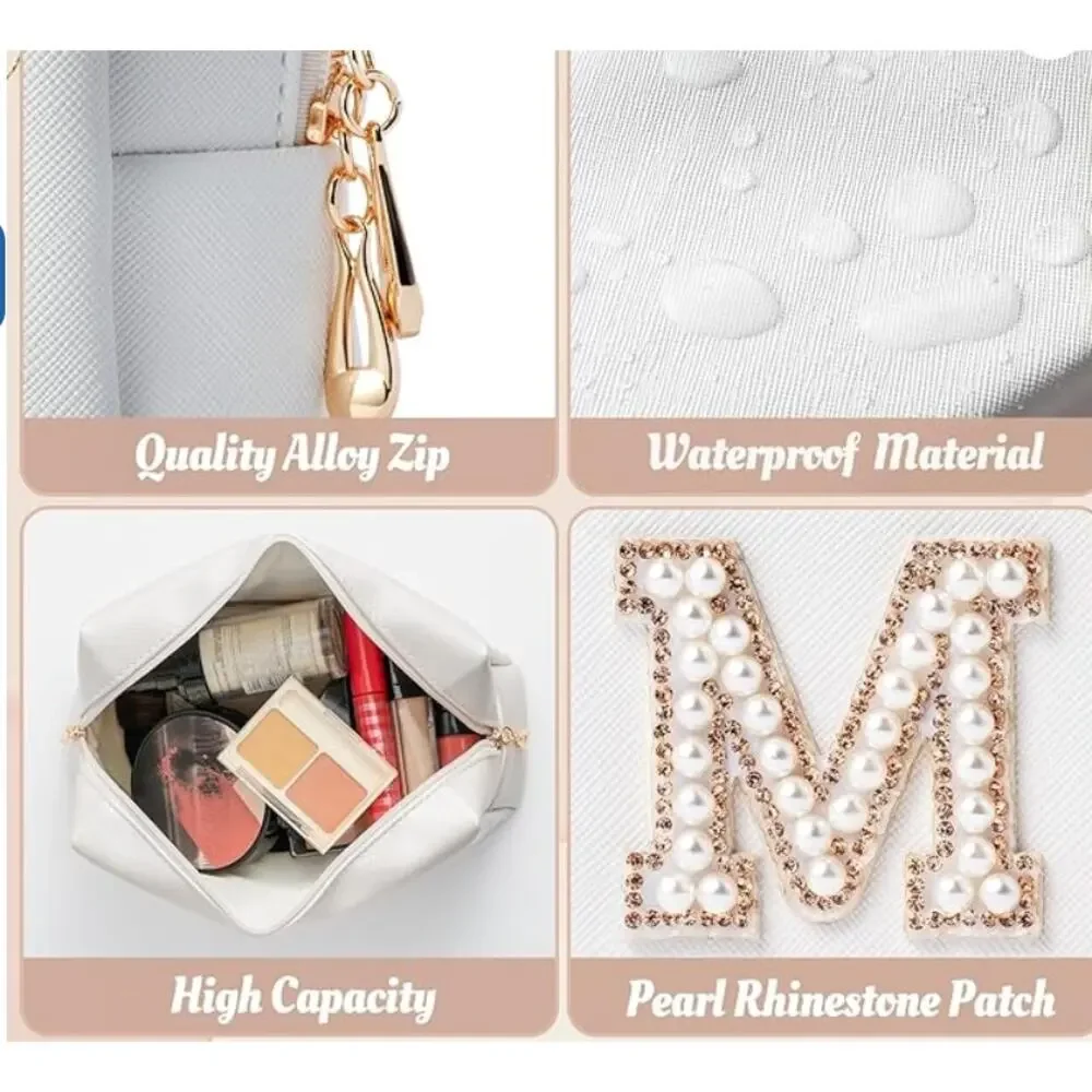 NEW MRS White Makeup Bag with Gold and Pearl Monogram Patches Large Size